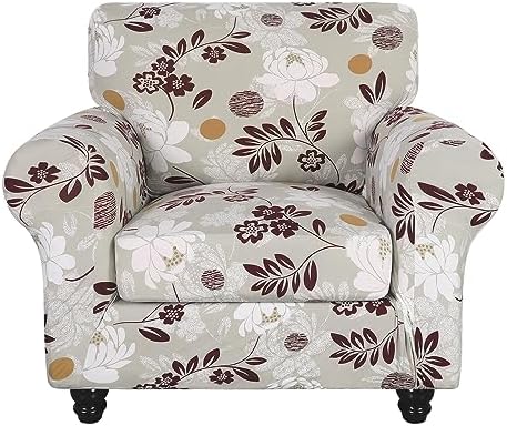 SearchI Stretch Sofa Cover Printed Couch Covers, Floral Pattern 2 Piece Armchair Slipcover with Separate Chair Cushion Cover, Washable Furniture Protector for Living Room(Armchair, Brown Flowers)
