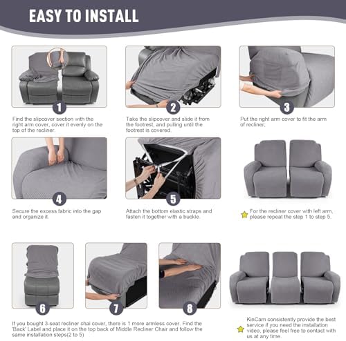 KinCam Recliner Covers, Stretch Reclining Chair Covers, Recliner Sofa Slipcovers Stripe Jacquard Recliner Couch Covers Furniture Protector Covers for Pet Kid (3 Seater, Light Gray)