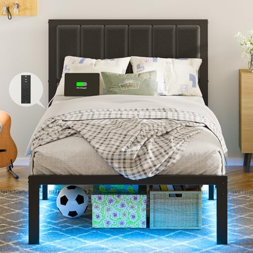 OLEVS Twin Bed Frame with Headboard, Smart LED & Charging Station