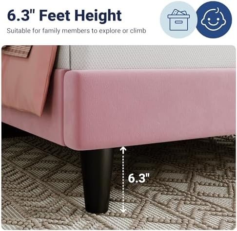 Allewie Twin Bed Frame/Velvet Upholstered Bed Frame with Vertical Channel Tufted Headboard/Strong Wooden Slats/Platform Bed Frame/Mattress Foundation/Box Spring Optional/Easy Assembly/Pink