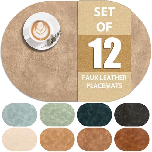 ADRIMER Oval Placemats Set of 12, Wipeable Faux Leather, Apricot