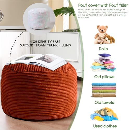 HIGOGOGO Round Stuffed Pouf Ottoman, Corduroy Poufs with Foam Chunk Filling, Furry and Fluffy Pouf Foot Stool Storage Ottoman, 20 X 15 Floor Poufs Foot Rest for Living Room, Terra Cotta