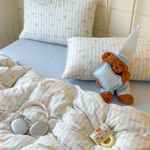 Kids Fish Duvet Cover Set Muslin Cotton,Twin(68"x86"),Blue Striped