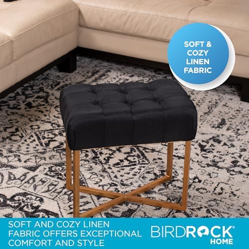 BIRDROCK HOME Rectangle Tufted Linen Ottoman Foot Rest - 19.7x11.82x17.73” Small Foot Stool with Legs - Padded Footrest Modern Ottomans for Living Room Furniture, Bedroom Footstool (Black)