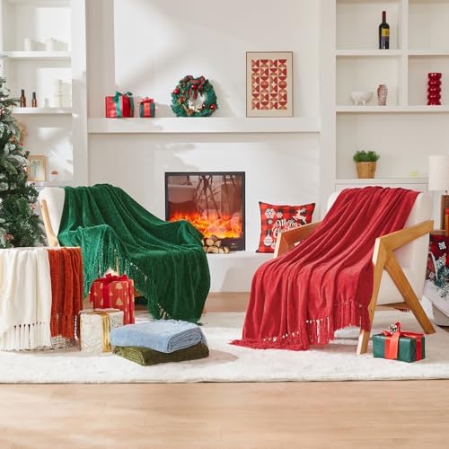 CozeCube Chenille Throw Blanket, Christmas Red Fringe Blanket, 50"X60"