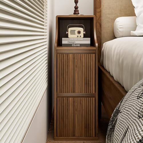 Fluted Narrow Nightstand, Skinny Bedside Table with 2 Drawers, Wooden Small Vintage Side Table, Mid Century Modern Night Stand, Slim End Table, for Bedroom, Living Room, Walnut, Brown