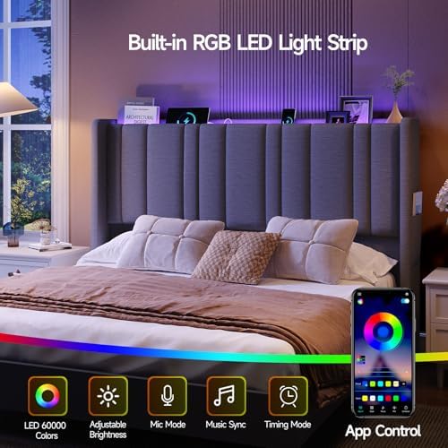 ONBRILL Queen Size Headboard with Storage, LED Light, Grey