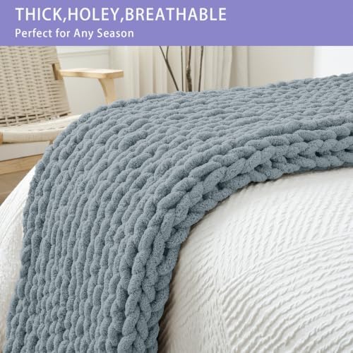 Bigacogo Chunky Knit Throw Blanket for Couch, 51x63 inches, Dusty Blue