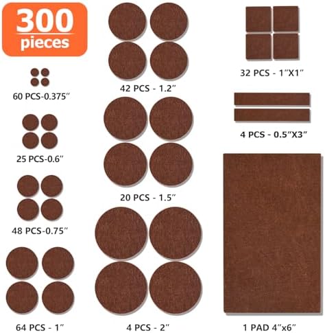 Felt Furniture Pads 300 Pieces, Furniture Pads for Hardwood Floors Brown