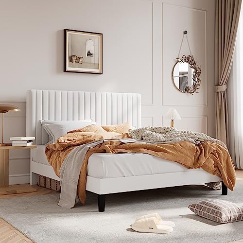 SHA CERLIN Full Upholstered Platform Bed Frame with Vertical Channel Tufted Velvet Fabric Adjustable Headboard, Wooden Slats Support, Mattress Foundation, Box Spring Optional, White