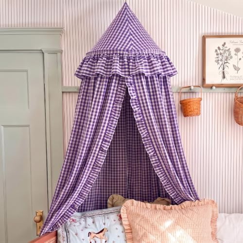 SmoothNovelty Gingham Plaid Bed Canopy, Purple White, Round