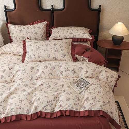 Girls Flower Duvet Cover Set 100% Cotton Queen(90"x90"),Ruffled Wine Red