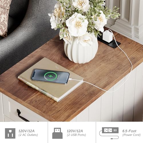 WAMPA Set of 2 End Tables with Charging Station, Off White Wood Nightstand