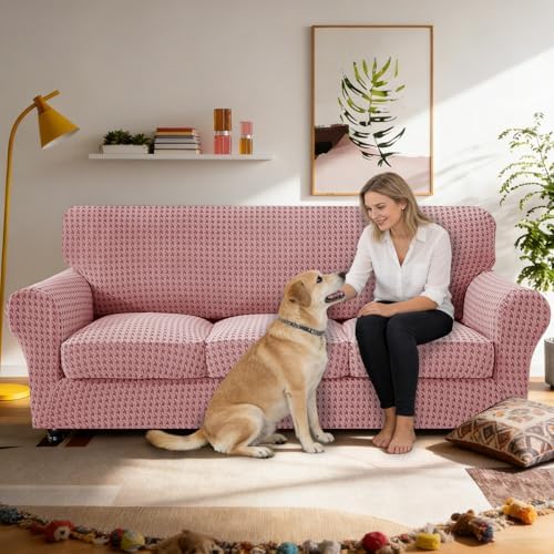 MAXIJIN 4 Pieces Stretch Oversized Couch Covers for 3 Cushion Sofa Covers Washable Sofa Slipcovers Thick Soft Furniture Protector with Non Slip Strap (Pink), 91"-110"(3 XL Cushions)