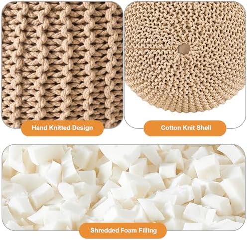 Pouf Ottoman Stuffed Round Modern Foam Filled Foot Rest Poufs for Living Room Chair Decorative 20 X 14 Inches Boho Relax Stool for Wedding Christmas Party, (Khaki, 20inch)