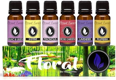 Eternal Essence Oils Floral Set of 6 Premium Fragrance Oils - Lavender, Lilac Lillies, Jasmine, Plumeria, Rose Garden, Magnolia Scented Oil - for Diffusers, Candle & Soap Making, & Aromatherapy