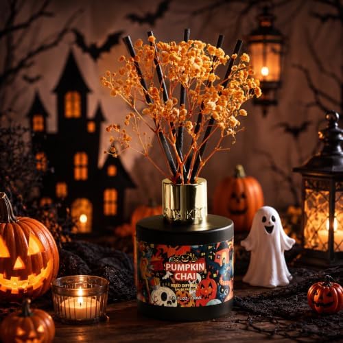 Airkeep Halloween Reed Diffuser Set,3.38 fl oz (100 ml) - Pumpkin Chai Oil Diffusers with 8 Reed Sticks, Home Fragrance Reed Diffuser for Bathroom Shelf Decor