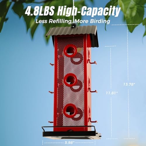 All Metal Bird Feeder for Outdoors Hanging | 14-Port Multi-Bird Viewing | Rust-Proof, Waterproof & Easy-Clean | Attracts Cardinals, Finches, Chickadees & More (Cardinal with Black Base)