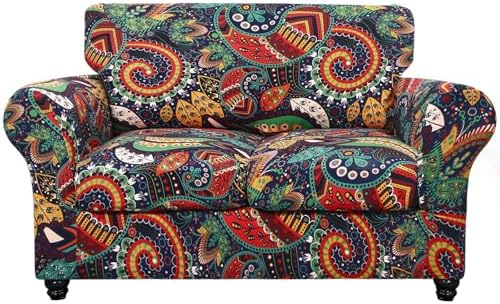 SearchI Stretch Sofa Cover Printed Couch Cover, Floral Pattern 3 Pieces Loveseat Slipcover with 2 Separate Cushion Cover, Washable Furniture Protector for Living Room(Loveseat, Paisley Pattern)
