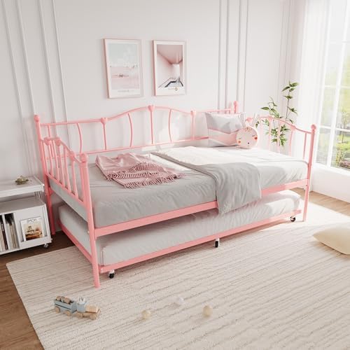 GarveeHome Twin Daybed with Trundle, Metal Sofa Bed Frame with Steel Slat Support, for Living Room, Bedroom, Love Heart Design, No Box Spring Needed, Pink