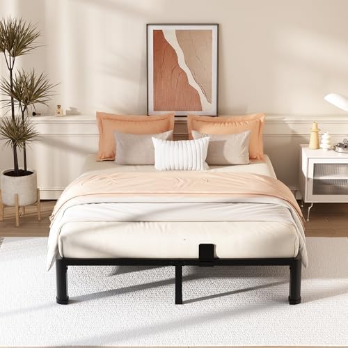 10 Inch Queen Bed Frame with Rounded Corner and Headboard Hole Mattress Retainers 3500 LBS Metal Heavy Duty Steel Slats Support No Box Spring Needed Platform Noise Free Easy Assembly