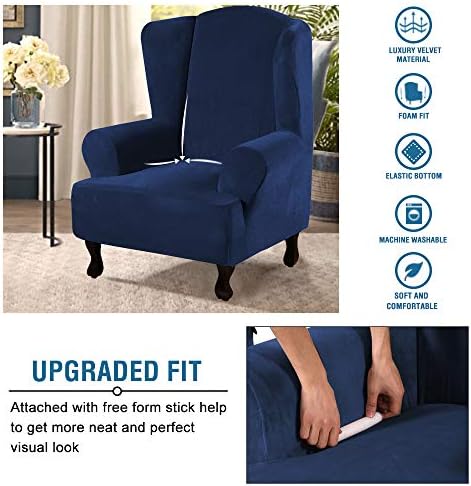 H.VERSAILTEX Wingback Chair Covers Velvet Plush Wing Chair Slipcover 1 Piece High Stretch Wing Back Chair Slipcovers Sofa Cover Furniture Cover with Elastic Bottom, Navy