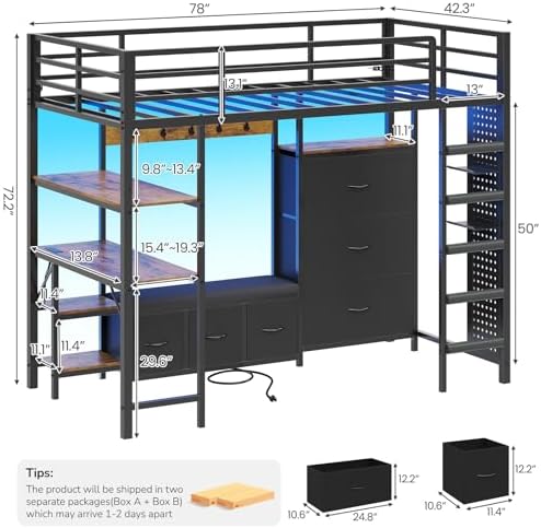DICTAC Loft Bed Twin Size with 6 Storage Drawers,Coat Rack and Open Shelves Metal Twin Loft Bed with Desk,Charging Station and LED Light,loft beds with Large Pegboard,Stairs and Safety Guardrail,Black