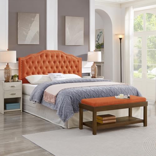 24KF Upholstered Button Tufted Queen Headboard with Nailhead Trim, Elegant Boucle Fabric Full headboard, 6031-Q-Boucle-Orange