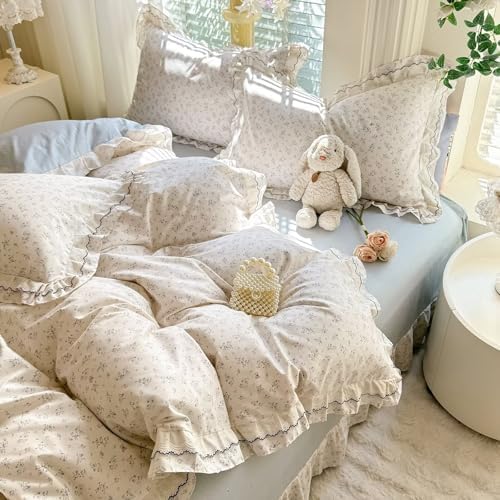 Blue Floral 100% Cotton Duvet Cover Full Size Garden Style Bedding Set Ruffle for Teen Girls,Soft Comfy Bedding Quilt Covers,3 Pieces(1 Duvet Cover with 2 Pillowcases),Zipper & Corner Ties