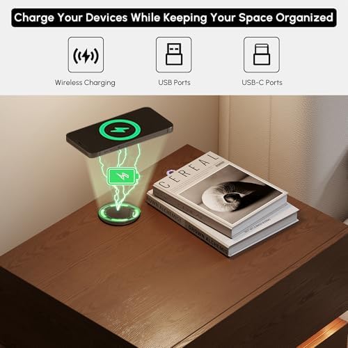 homary Smart Nightstand Set of 2 with Wireless Charging Station, USB & Type-C Ports, LED Light, 2 Drawers – Modern Walnut Bedside Table for Bedroom Storage