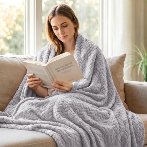Exclusivo Mezcla Fleece Throw Blanket for Couch Sofa, 50”x70”, Light Grey
