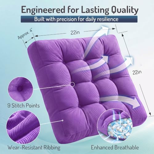 Degrees of Comfort Square Tufted Corduroy Floor Cushions, Large Pillows Seating for Adults, Meditation Pillow for Balcony Tatami Living Room, 22x22 Inch, Purple