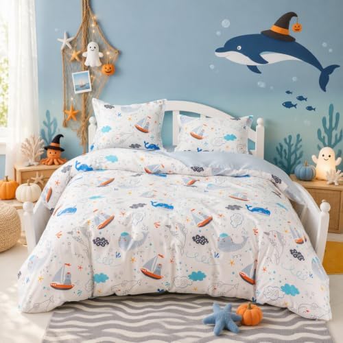 Simple&Opulence 100% Organic Cotton Duvet Cover for Kids Teens, 4 Pieces Soft Comforter Cover with Zipper Closure Cool Boy Girl Sea Sailboat Ocean Bedding Set - Whale, Full/Queen