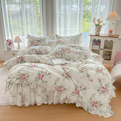 Cotton Duvet Cover Twin 3 Pcs, Cute Floral Ruffled Bedding 68"×86"