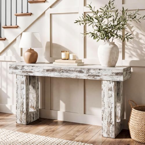 LITTLE TREE 63-Inch Long Console Tables for Entryway, Large Sofa Table Behind Couch, Wooden Entry Foyer Hallway Table, Modern Console Sofa Tables for Living Room, Distressed White