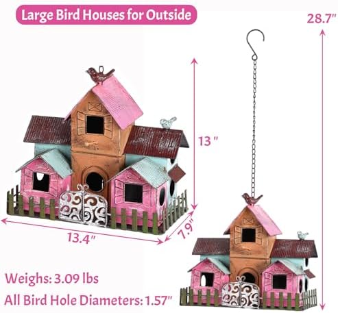 Large Bird Houses for Outside Hanging, Metal Bird Houses for Outside with 5 Compartments for Birds to Nest in, Durable Colorful Bird House 10 Hole Birdhouses for Outdoors Hanging
