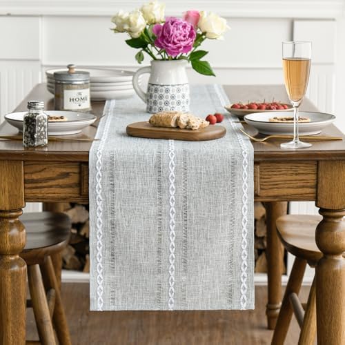 Artoid Mode Grey Rustic Cotton Linen Table Runner, Seasonal Embroidered Hollow Kitchen Dining Table Decoration for Home Party Decor 13x72 Inch