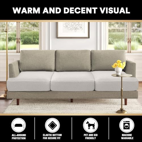 PrinceDeco Stretch T Cushion Sofa Slipcovers 3 Piece,Pets Friendly,Ivory