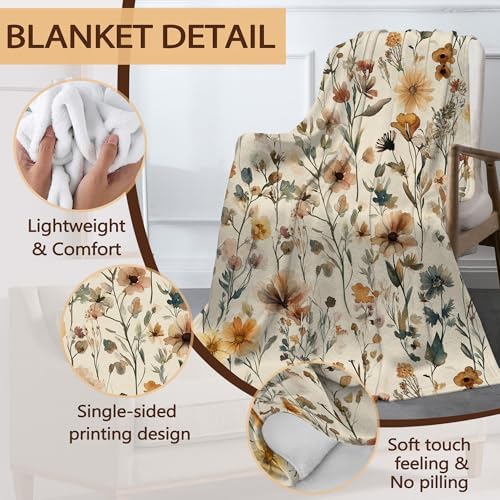Rustic Floral Sofa Throw Blankets,Retro Farmhouse Flower Soft Cozy Fuzzy Lightweight Travel Blanket,Flannel Fleece Fall Throw Blanket for Couch,Bed,Camping,Movie Nights,Watching TV 50 X 60 Inch