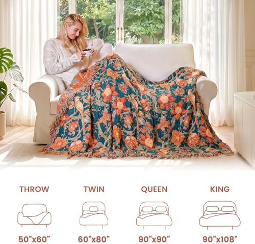 MSGKV Boho Throw Blanket 50"x60" Cotton Bird Floral Blanket for Couch