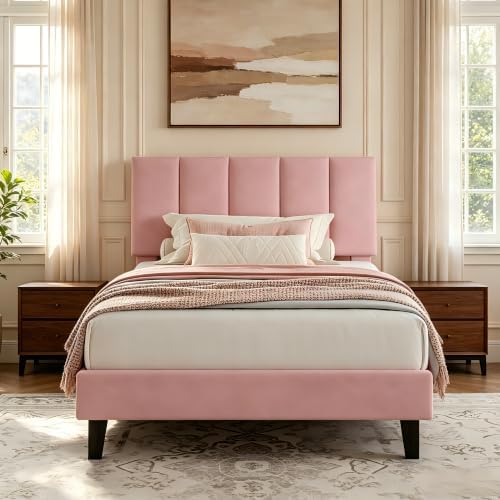 Garvee Twin Size Bed Frame with Upholstered Headboard for Kids, Pink