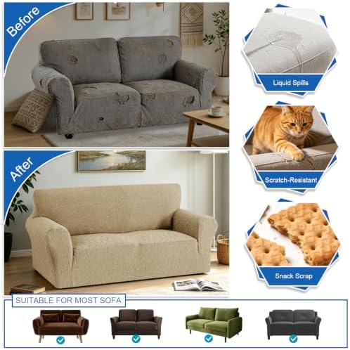 MAXIJIN Waterproof Loveseat Cover Couch Covers (55"-69"), Stretch Love Seat Sofa Slipcovers with Non Slip Elastic Bottom, Dog Pet Friendly Furniture Protector Washable (Medium, Khaki)