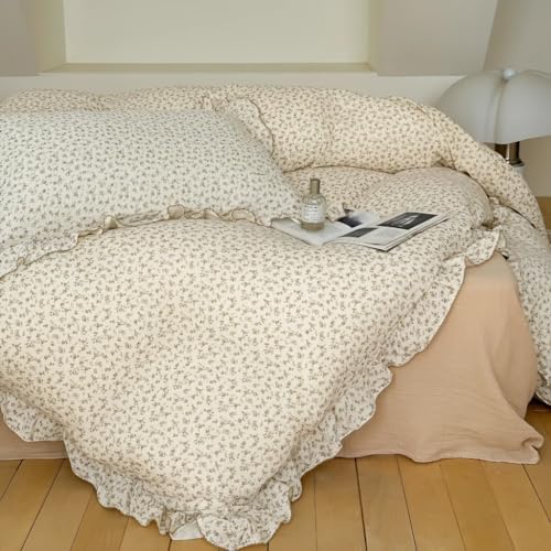 Camellia Floral Muslin Duvet Cover Queen with Ruffles, No Pillows