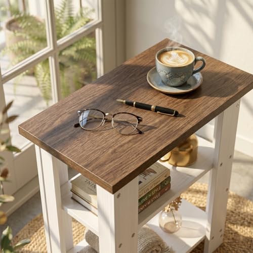 White Side Table with Oak Top, 3 Tier Farmhouse End Table, 22.8" H