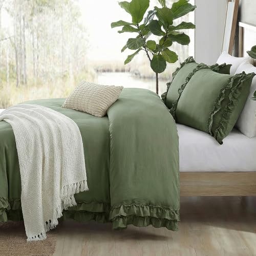 Avocado Green Duvet Cover Ruffled Bedding Set Pleated Ruffle Fringe Shabby Chic Bedding Twin Size Super Soft Cozy Boho Bedroom Bedding for All Season