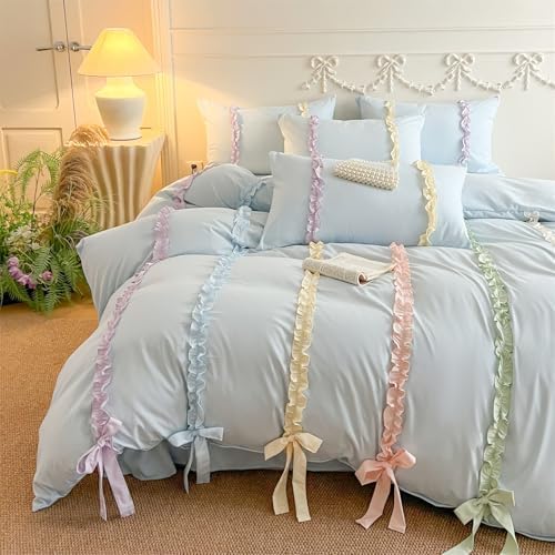 Colorful Striped Ruffled Bedding with Cute Bow,Chic Ruffle Romantic Full Duvet, Coquette Aesthetic Style 3 piece Duvet Cover Set-1 Full Duvet Cover with 2 Pillowcases, No Comforter