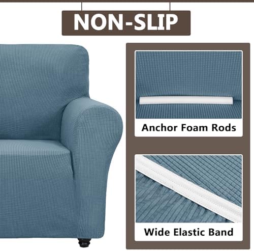 3 Piece Stretch Matching Chair and Ottoman Slipcover Set, Jacquard Arm Chair/Ottoman/Fitted Seat Covers, Non-Slip Accent Armchair and Foot Stool Slip Cover (Dust Blue,3 Pieces Set)