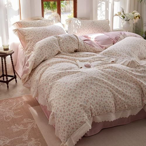 HighBuy Muslin Duvet Cover Queen Vintage Pink Floral Ruffle Lace Coquette Bedding Set French Gauze Textured Soft Breathable Farmhouse Bedding with Zipper Closure & 4 Corner Ties