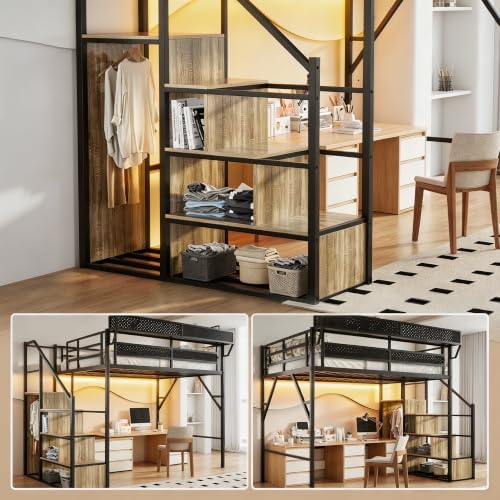 Queen Size Metal Loft Bed with Reversible Stairs and LED & USB Port