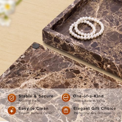 Marble Bathroom Tray for Countertop & Home Decor, Natural Decorative Marble Tray for Jewelry & Perfume Organizer, Luxury Stone Vanity Trays for Dresser, Kitchen Counter, 12" x 8", Brown